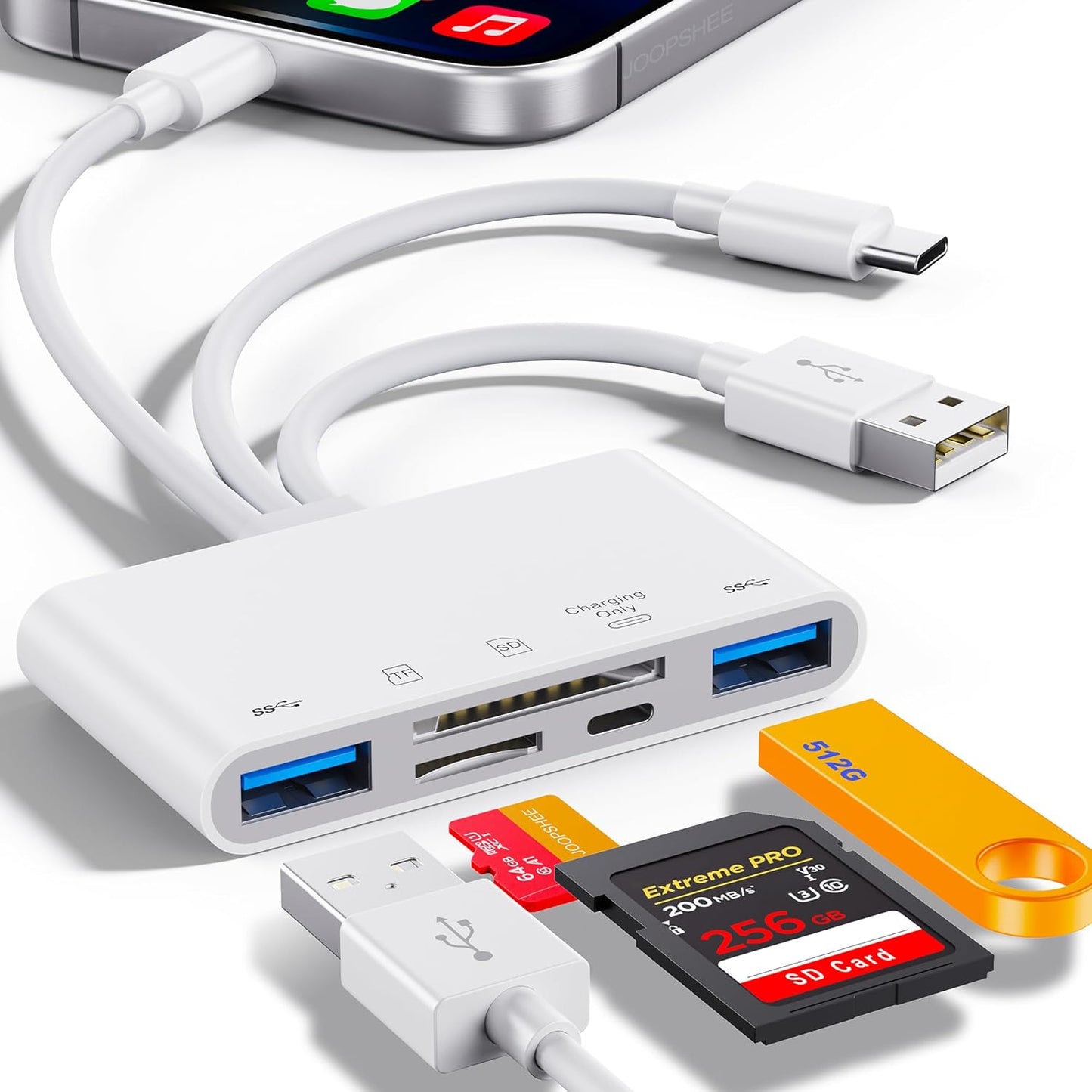 267274 - Lexues Kartash Memorieje 5-në-1, Adaptor USB OTG, Lexues SD për iPhone/iPad, USB-C dhe USB-A, Mbështet SD/Micro SD/SDHC/SDXC/MMC
