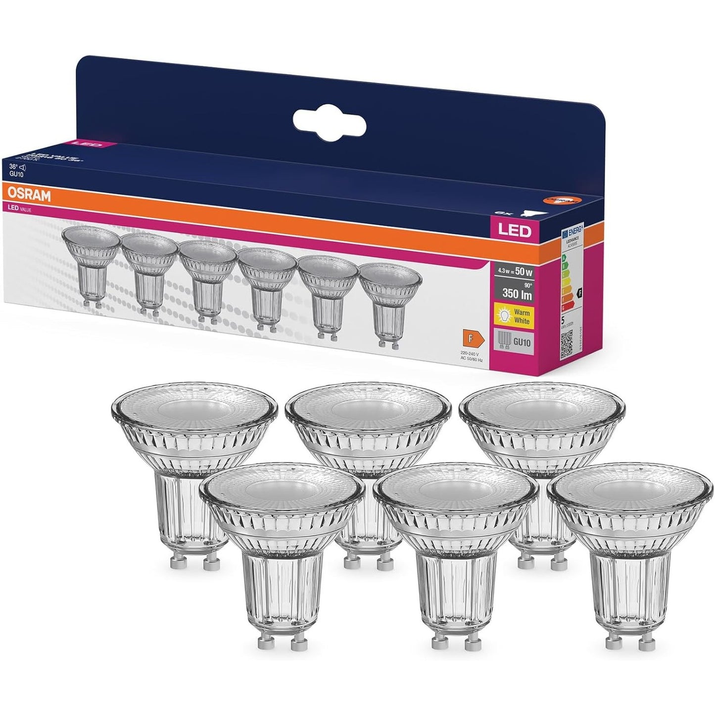 169028 - OSRAM LED Star VALUE PAR16, Pako prej 6 Llambash, Zëvendëson Llambat Konvencionale Reflektuese 50W, Ngjyra e Bardhë e Ngrohtë (2700K), 4.3W, Bazë GU10, Xham Filamentoz, Jo i Errësueshëm