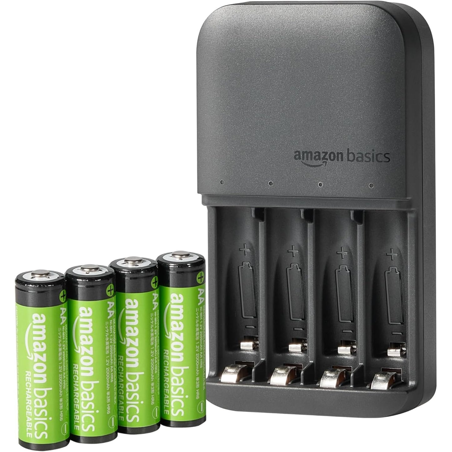 266824 - AMAZON BASICS Bateri të rikarikueshme AA NiMH me karikues për 4 bateri, prizë EU, pako me 4 bateri, të zeza