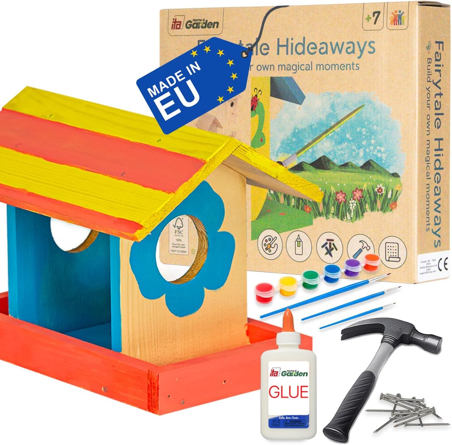 262372 - Ushqyes zogjsh ITA DIY për montim dhe lyerje - BirdieBuffet - Set i plotë shtëpie zogjsh me çekiç, gozhda, ngjyra për ndërtim dhe lyerje për fëmijë