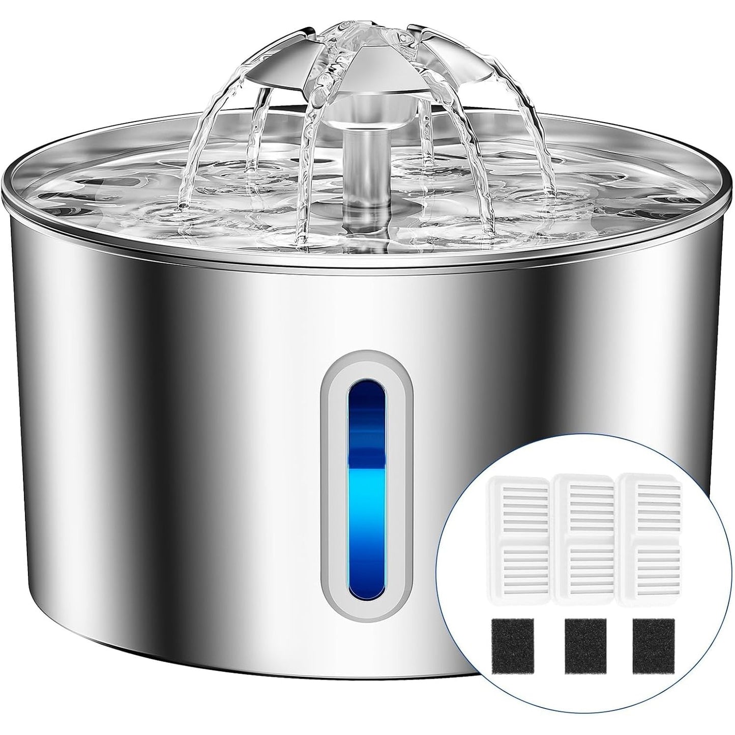 251549 - BALIMOPET Shatërvan uji për mace prej çeliku inox, 2.2L, sistem filtrimi të katërfishtë dhe 3 filtra