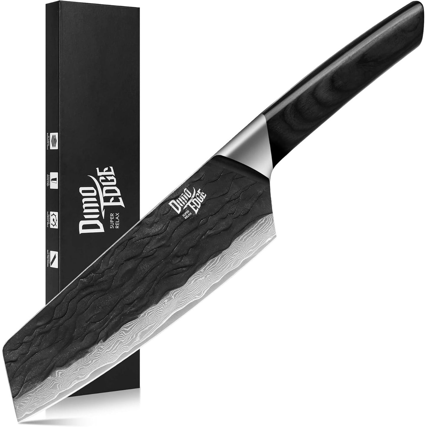 255334 - THIKË KUZHINE DAMASK DIMOEDGE, THIKË E MPREHTË JAPONEZE 17.8 CM ME TEH TË SKUQUR DHE DOREZË PAKKAWOOD, THIKË KUZHINE PROFESIONALE BUNKA ME KUTI DHURATE, E ZEZË