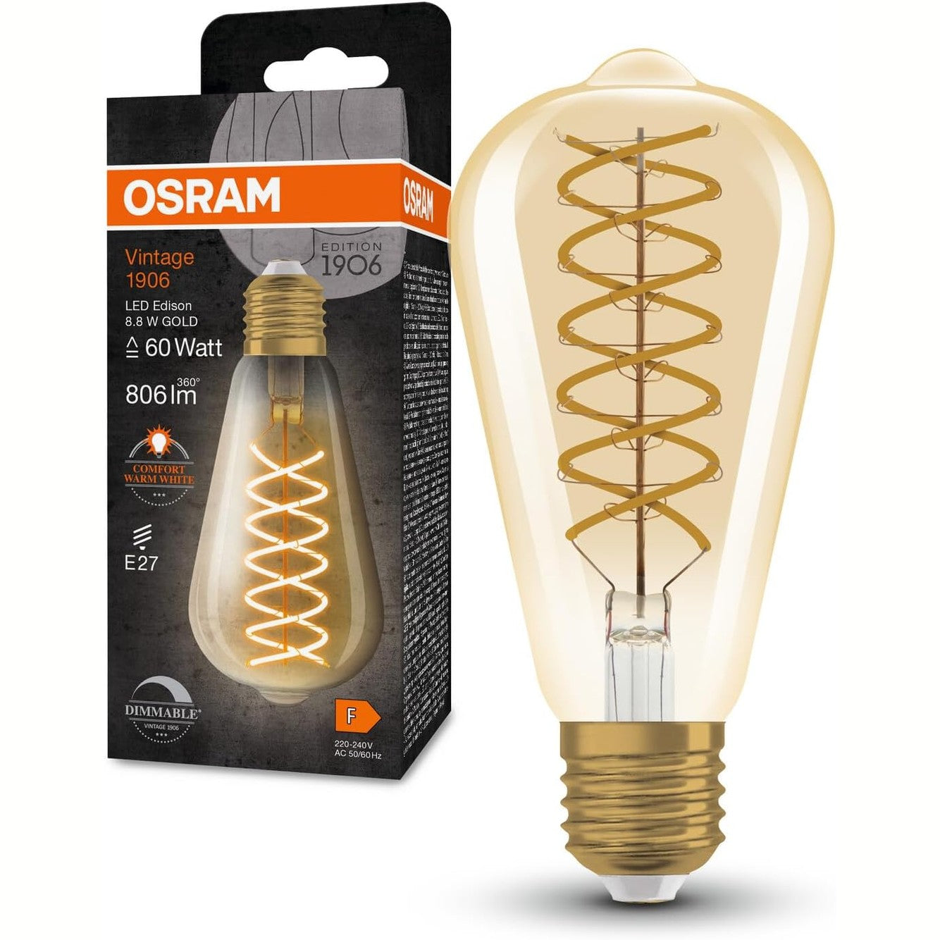 263987 - OSRAM Llambë LED Vintage 1906 Classic Edison FIL 60, 27 baza, ngjyrë ari, 8.8W, 806lm, 2400K, dritë e bardhë e ngrohtë