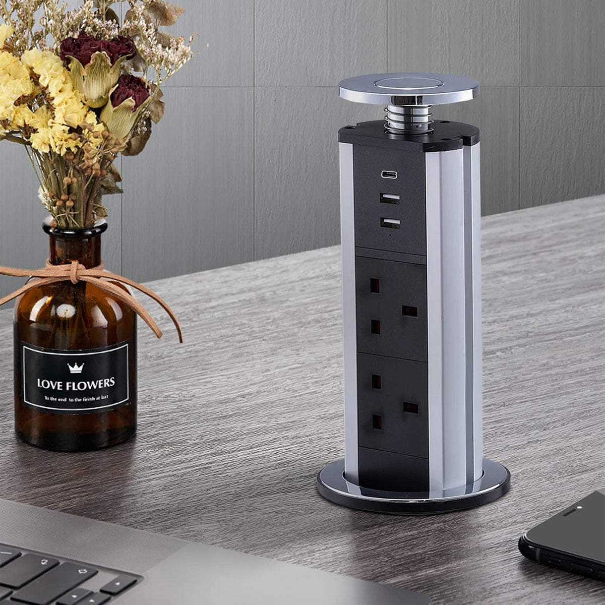 309929 - CURUK Prizë Pop Up me USB C dhe 2 Porta Karikimi USB, 3 Priza Zgjeruese, Energji për Tavolinë, për Sipërfaqe Pune në Kuzhinë, Zyrë në Shtëpi - Argjend