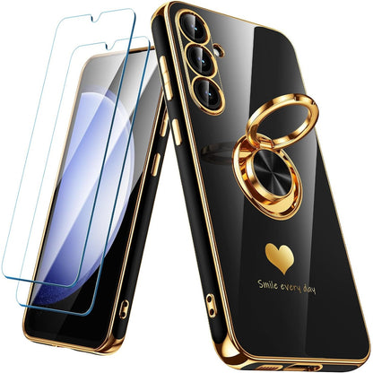 296284 - NONIONAL: Mbështjellëse për Samsung Galaxy S23 FE 5G me 1 mbrojtëse ekrani, mbajtëse unaze që rrotullohet 360°, Mbulesë e hollë dhe e butë me skaje ari - E zezë