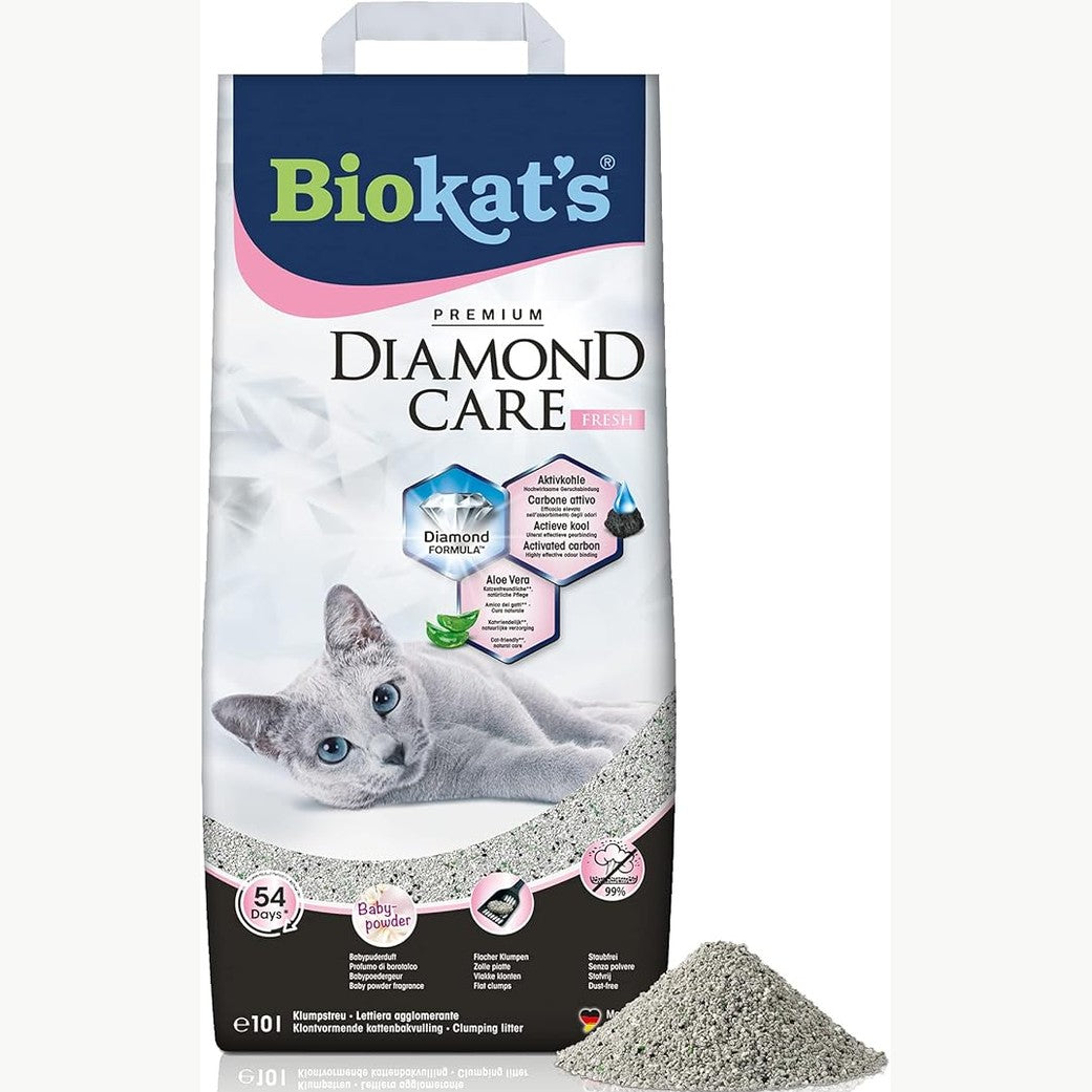 141881 - Biokat's Diamond Care Fresh me aromë pudre për bebe – Rërë e imët për mace me karbon aktiv dhe aloe vera. 1 qese (10 L).