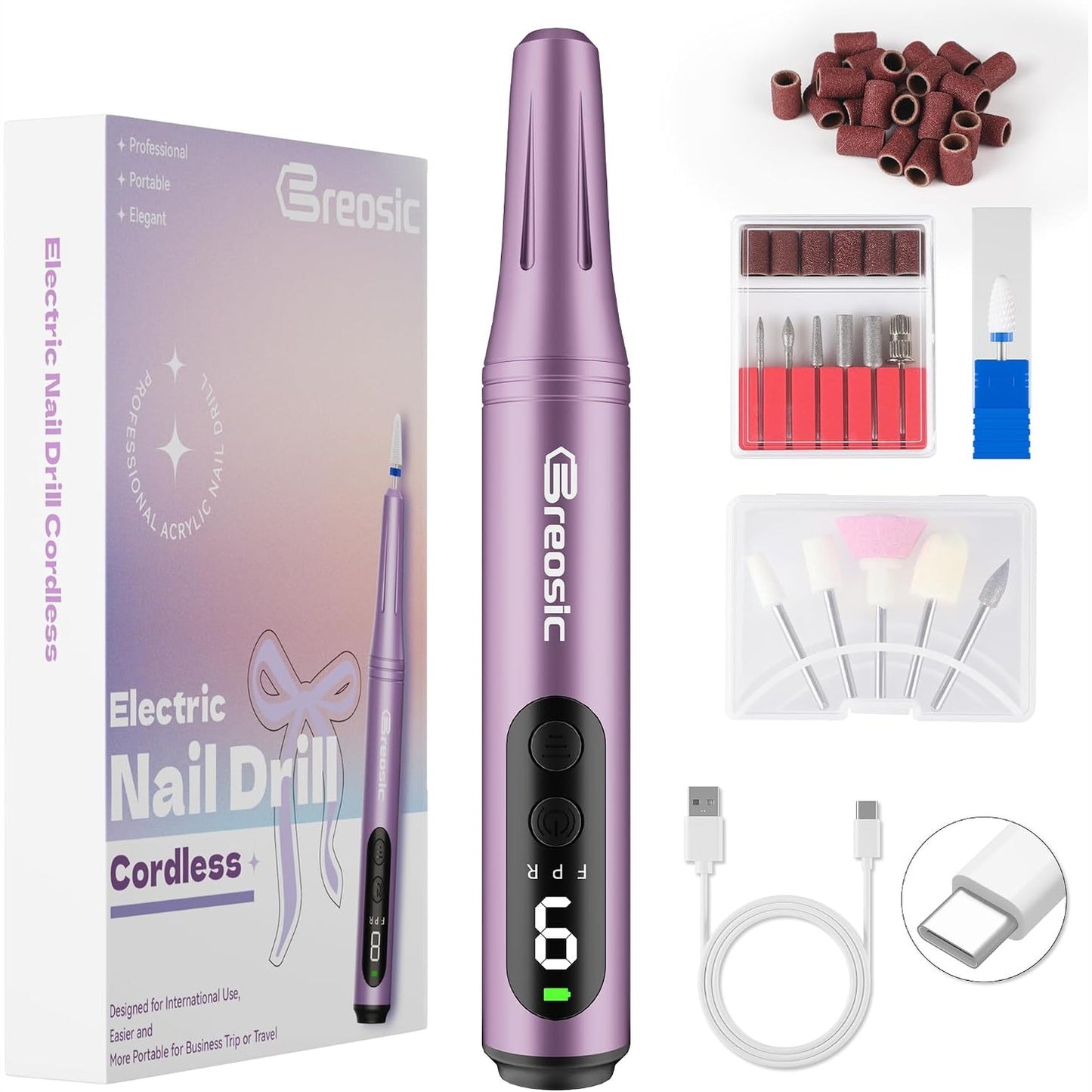 290050 - BREOSIC Stërvitëse Profesionale Thonjsh 35000 RPM, Limë Elektrike Portative, Set me 9 Shpejtësi të Rregullueshme, USB-C (Vjollcë)