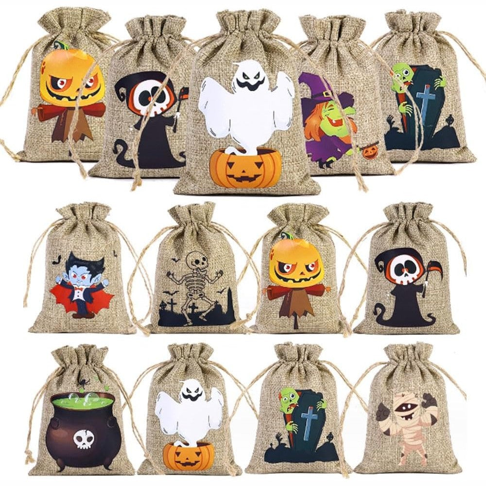 318078 - Set Çantash prej Liri me 24 Pjesë, çanta dhuratash për Halloween, çanta ruajtjeje.