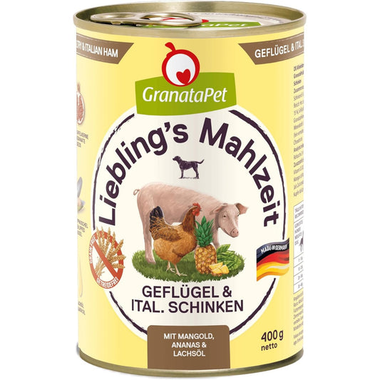 197186 - GRANATAPET Favorite Poultry Meal dhe Proshuta Italiane, Ushqim i Lagësht për Qenë, 6 x 400g, Pa Drithëra dhe Pa Sheqer