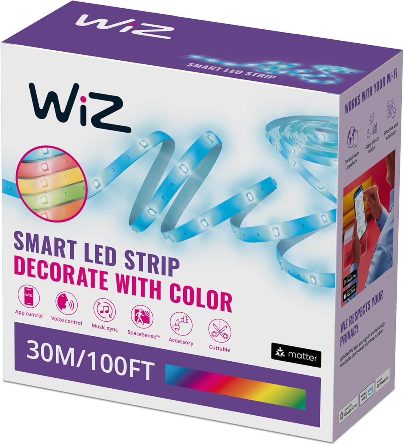 217214 - WIZ Shirit ndriçues LED Smart RGB, 30 m i prerë sipas dëshirës, 16 milion ngjyra, skena dinamike, Wi-Fi, kontroll me zë/aplikacion, funksionon me Google Home, Alexa dhe HomeKit, drita LED për dhomën e gjumit, kuzhinën, dhomën e ndenjes