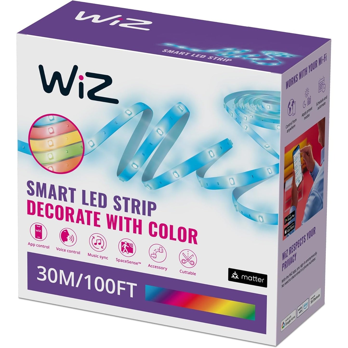 217215 - WIZ Shirit ndriçues LED Smart RGB, 30 m i prerë sipas dëshirës, 16 milion ngjyra, skena dinamike, Wi-Fi, kontroll me zë/aplikacion, funksionon me Google Home, Alexa dhe HomeKit, drita LED për dhomën e gjumit, kuzhinën, dhomën e ndenjes