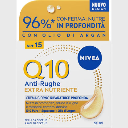 272230 - NIVEA Krem ditor Q10 kundër rrudhave ekstra ushqyes për riparim të thellë SPF 15 50 ml, krem fytyre me koenzimë Q10, vaj argani dhe skualan, për lëkurën e thatë dhe shumë të thatë.