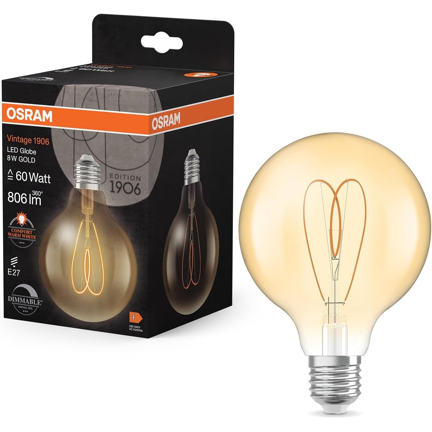 211137 - OSRAM Vintage 1906 Globe - Llambë LED e Ngrohtë e Bardhë, e Errësueshme, Formë Sfere me Filament, 8W, 806 lm, E27, Xham i Ngjyrë Ari, Diametër 95mm, 2200K, Klasa e Energjisë F