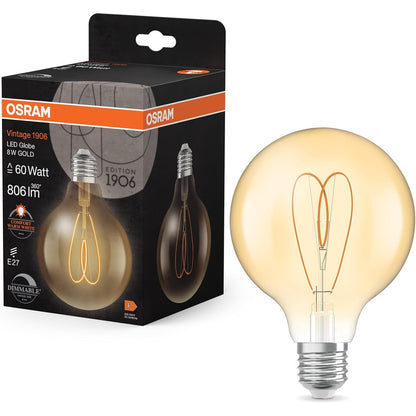 211137 - OSRAM Vintage 1906 Globe - Llambë LED e Ngrohtë e Bardhë, e Errësueshme, Formë Sfere me Filament, 8W, 806 lm, E27, Xham i Ngjyrë Ari, Diametër 95mm, 2200K, Klasa e Energjisë F