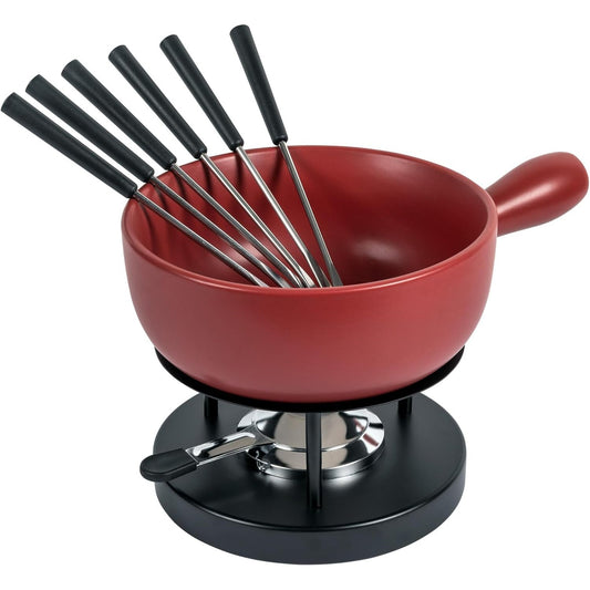 231044 - KUHN RIKON Set për Fondue Djathi, e kuqe klasike · Ø 23 cm, kapacitet 2.6 litra, ideale për 4-6 persona, seti përfshin 6 pirunë, një djegës paste (pa pastë karburanti) dhe një stendë