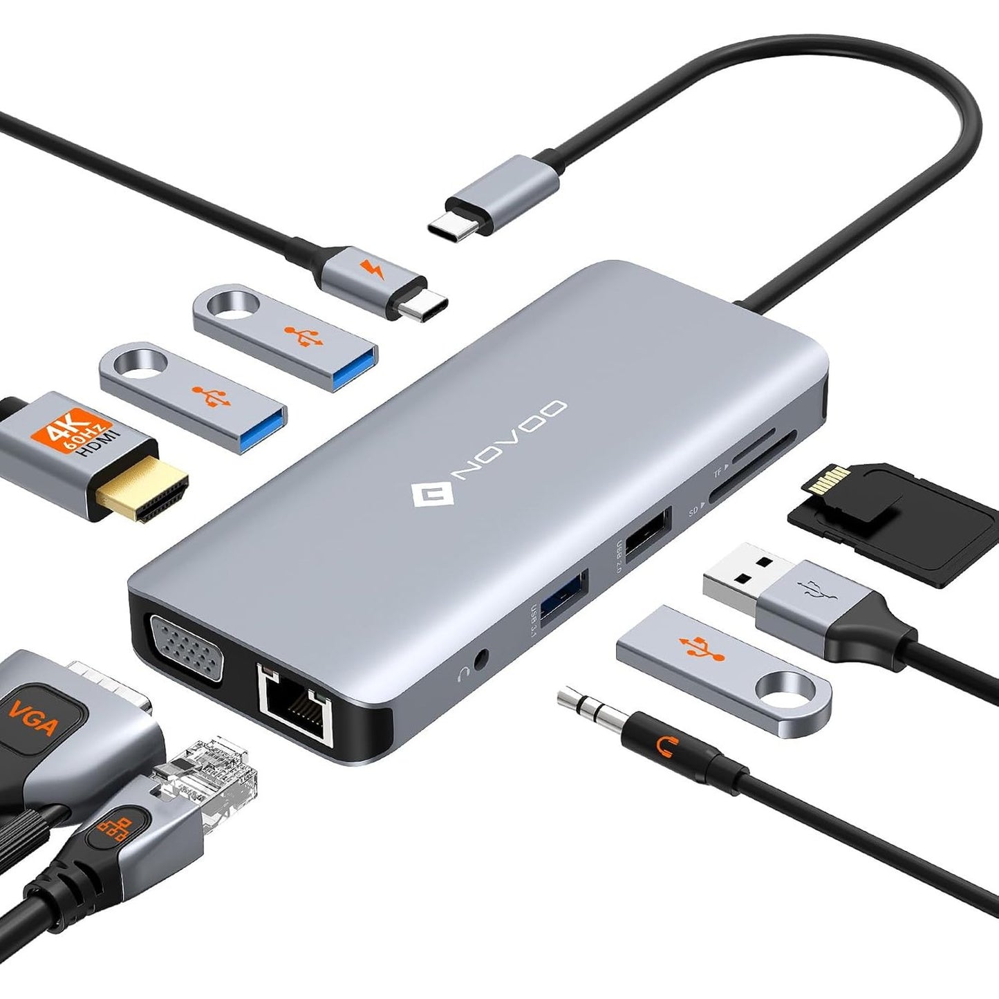 266497 - NOVOO Stacion Dokimi USB C 11 me 1, Adaptues Multi-Plug USB C, 4K@60Hz HDMI, 4 Porta USB-A, SD/TF, Ethernet 1 Gbps, VGA, PD 100W, 3.5 mm për MacBook, DELL, HP, Lenovo Thinkpad
