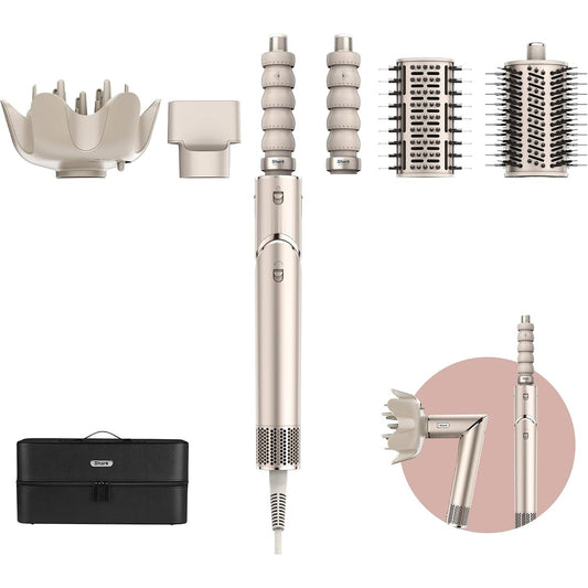 271011 - SHARK FLEXSTYLE Stilizues dhe Tharëse Flokësh 5-në-1, me Hekur Kaçurrelash, Furçë Zbutëse, Volumizues, Difuzues, Koncentratues, Çantë Udhëtimi, Shampanjë HD446SLEU