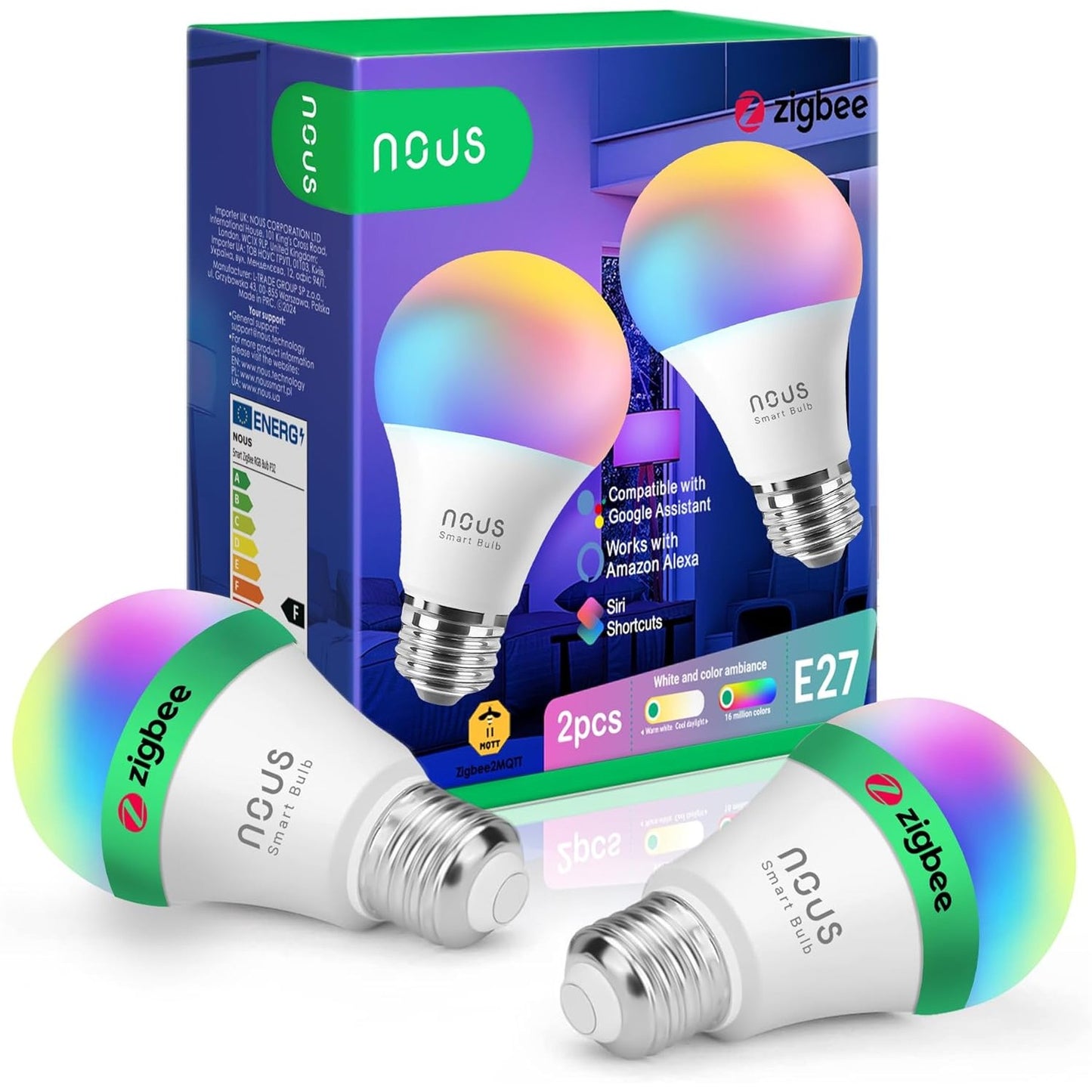 261378 - NOUS Llampa P3Z Smart ZigBee RGB E27, 16 Milion Ngjyra, 2700-6500K, Kontroll Zëri, e pajtueshme me Alexa dhe Google Home
