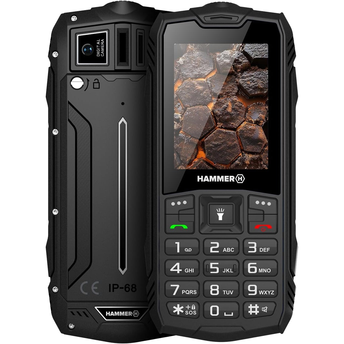 267833 - HAMMER H ROCK LTE, Telefon celular i fortë, 3000mAh, 64GB, ekran IPS 2.4", butona të mëdhenj, buton SOS, dritë dore, radio FM, Bluetooth, USB-C, dy karta SIM, IP68/MIL-STD-810H, i zi