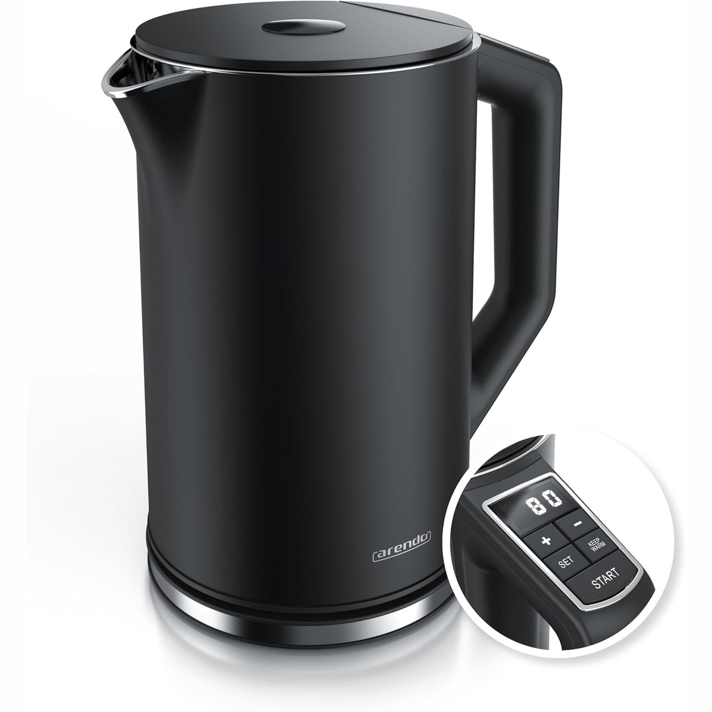 162268 - ARENDO - Çajnik Elektrik, Kapacitet 1.5L, Fuqia 2200W, Kontroll Temperaturës Nga 40-100°C, Mur i Dyfishtë, Material Çelik Inoks, Pa Plastikë, Ngjyra e Zezë