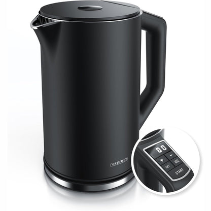 162268 - ARENDO - Çajnik Elektrik, Kapacitet 1.5L, Fuqia 2200W, Kontroll Temperaturës Nga 40-100°C, Mur i Dyfishtë, Material Çelik Inoks, Pa Plastikë, Ngjyra e Zezë