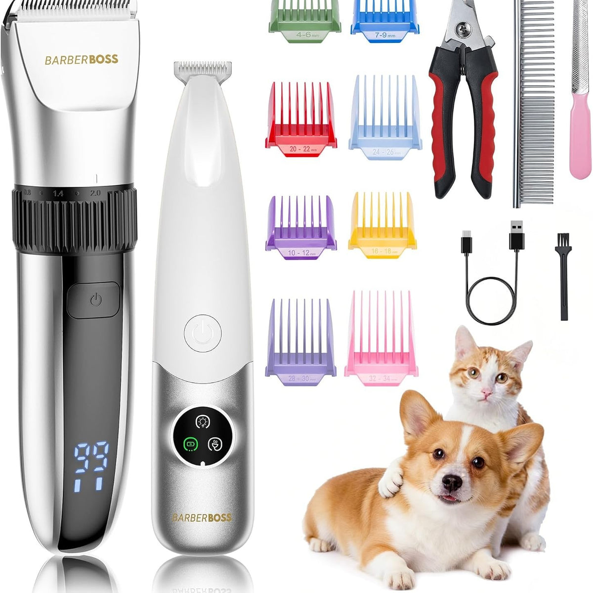 302981 - BARBERBOSS Makinë prerëse flokësh pa tel për qen, e papërshkueshme nga uji, tehe qeramike, ekran LED, 8 ngjyra, zhurmë të ulët