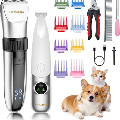 302981 - BARBERBOSS Makinë prerëse flokësh pa tel për qen, e papërshkueshme nga uji, tehe qeramike, ekran LED, 8 ngjyra, zhurmë të ulët