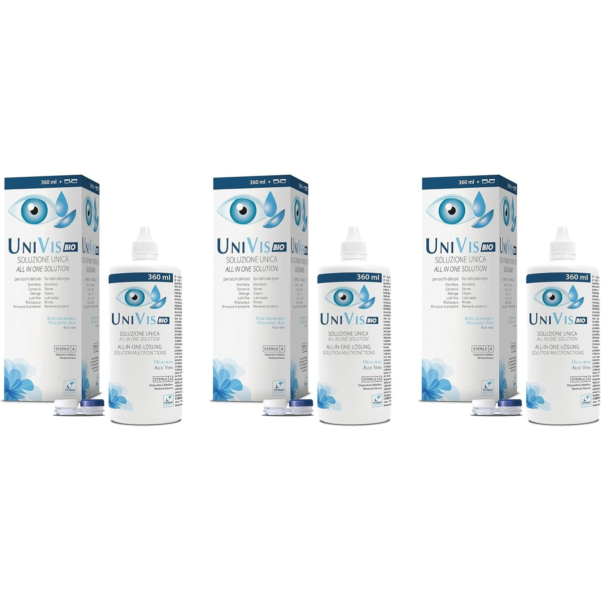 311396 - UNIVIS Tretësirë për lente kontakti Bio, me acid hialuronik dhe aloe vera - 3x360 ml + 3 kuti lentesh të përfshira