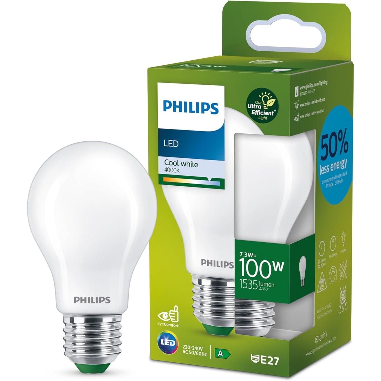211170 - PHILIPS Llamba LED Classic ultra-efikase E27, efikasitet energjie klase A, zëvendëson 100W, e mbuluar me akull, dritë e bardhë e ftohtë