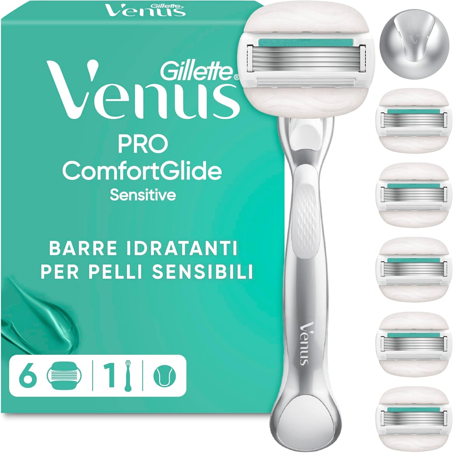 271233 - Gillette Brisku Venus për Femra ComfortGlide Sensitive me 5 Tehe, 1 Dorezë + 6 Tehe.