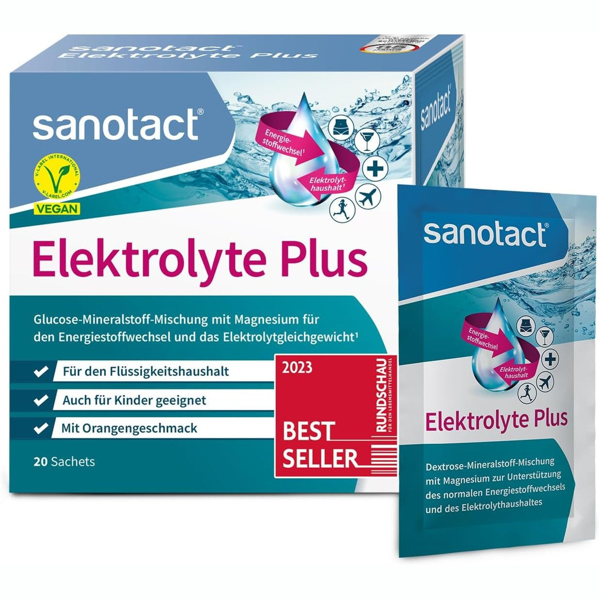 275964 - SANOTACT Electrolytes Plus, 20 bustina, pluhur elektroliti për ekuilibrin e lëngjeve, përmban kalium dhe magnez, 100% vegan, pije rikuperuese, shije portokalli