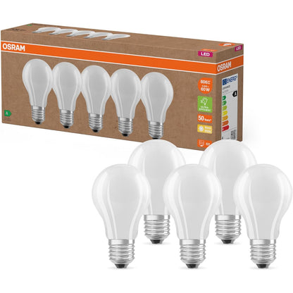 223201 - OSRAM Llambat LED, 5 llamba, 60W zëvendësim, E27, 2700K, xham i mbuluar me acar, klasë efikasiteti A
