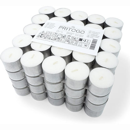 185680 - ÇAJNA PRITOGO Dylli i Bardhë për Catering dhe Dekorime, 8 Orë Kohë Djegie, Pesha e Dyllit 20g (100 Copë), Madhësia 25x38mm, Mbështjellës Alumini, Pa Blozë, Përshtatshmëri për Dasma, Festime dhe Relaksim