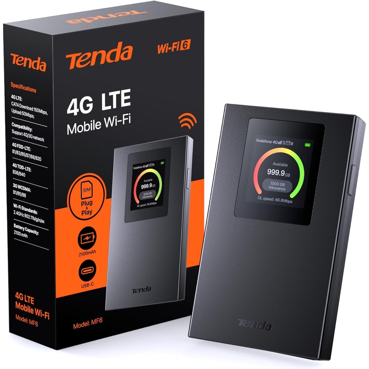 273199 - TENDA Router WiFi celular me ekran LCD, Wi-Fi 6 Hotspot portativ, bateri 2100mAh, portë USB-C, Plug & Play, WPA3, modem 4G, MiFi, madhësi mini, i pajtueshëm me kartat Nano-SIM të zhbllokuara, MF6