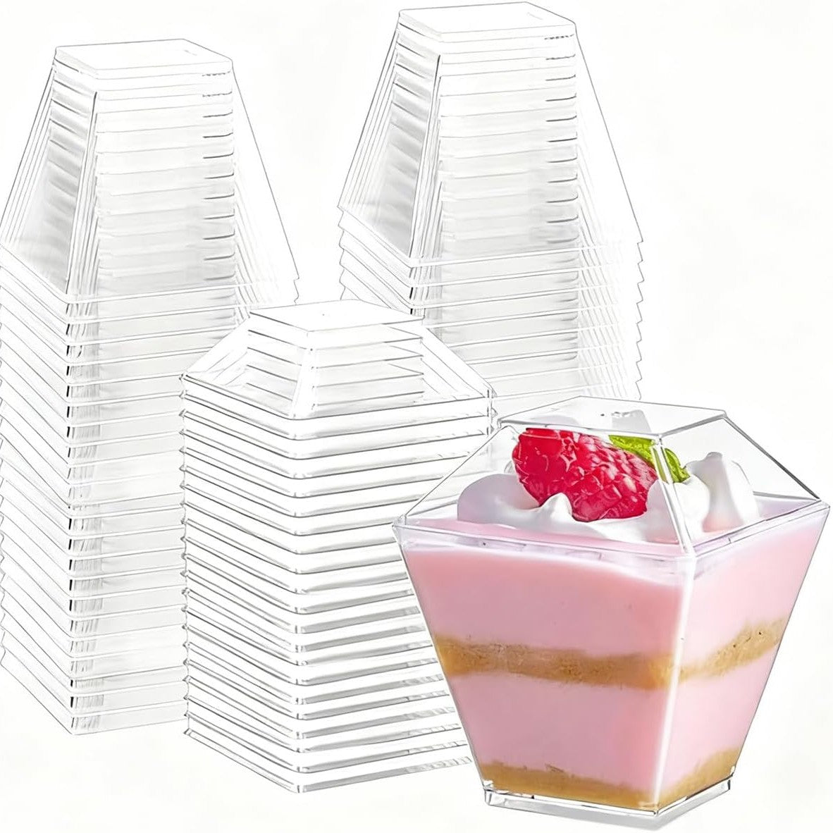 186372 - WUBUSHAN Gota Plastike për Ëmbëlsirë me Kapakë dhe Lugë, Tasa Katrore Ripërdorshme, Përdorim për Tiramisu, Puding, Mus - 50 Copë, Kapacitet 60ml