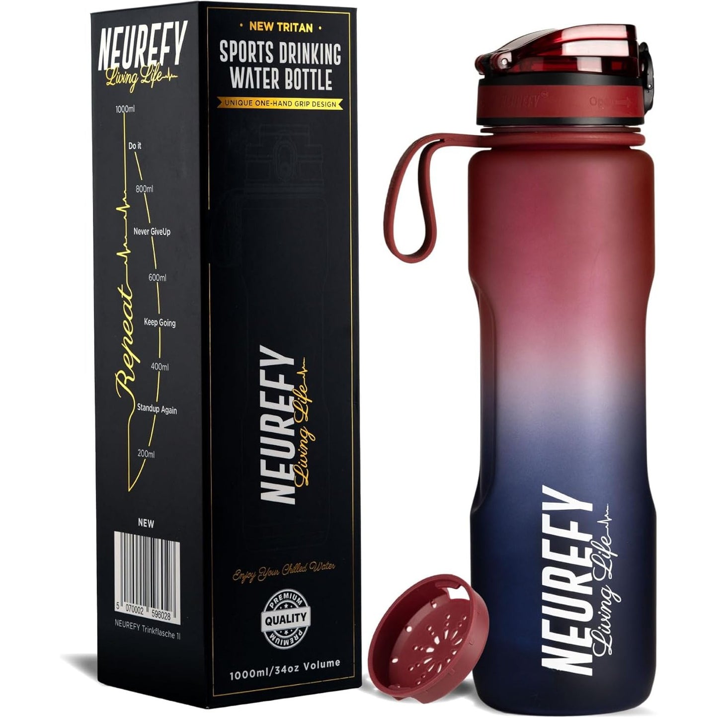 258279 - NEUREFY Shishe Uji Sportiv 1L e Kuqe dhe Blu Tritan, pa BPA, dizajn i papërshkueshëm nga rrjedhjet, e lehtë për t’u mbajtur, e përshtatshme për çantë shpine, Shishe Palestre