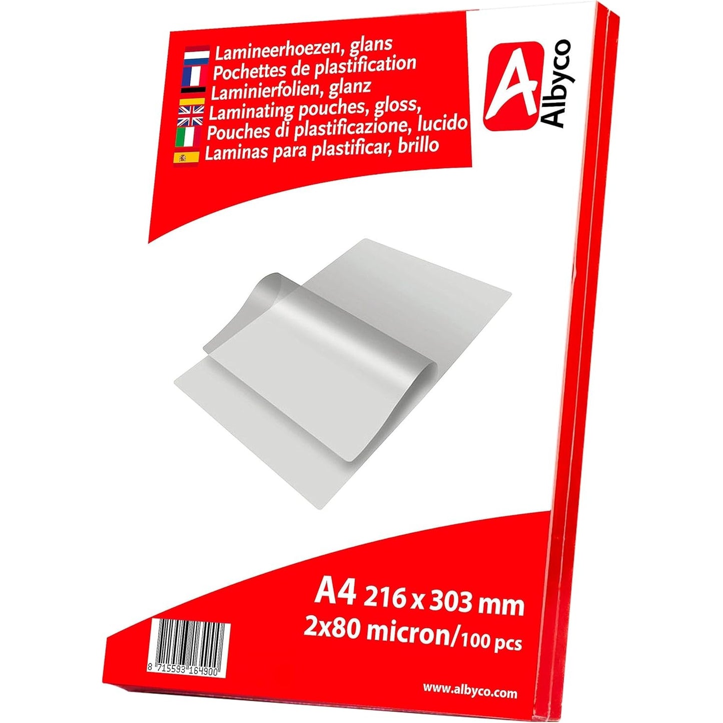 274405 - QSESE LAMINIMI ALBYCO A4 (216x303mm) - trashësi 2x80 (160) mikron, me shkëlqim - pako me 100 copë - fletë plastike - fletë laminimi A4