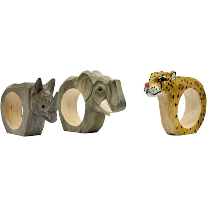 201973 - YOUR CASTLE - Seti prej 3 Unazash për Peceta, Tema e Jetës së Egër Afrikane: Luan, Zebër, Gjirafë - Dru i Gdhendur dhe i Piktoruar me Dorë, Madhësia rreth 9 x 7 x 2 cm