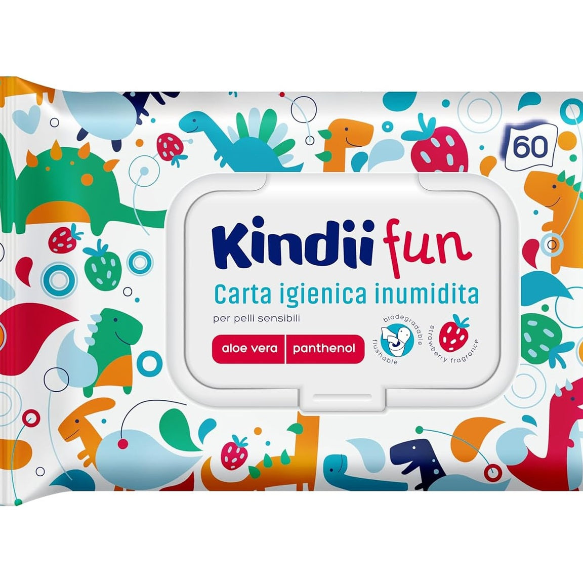 290565 - Kindii Fun Letër higjienike e lagësht për fëmijë - Pako me 60 copë - Kamomil, aloe vera