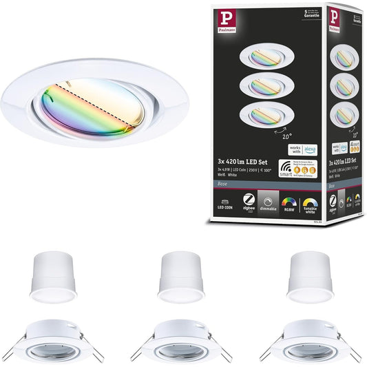 208263 - PAULMANN 92466 Set Bazë Drite LED Inteligjente Zigbee, Rrumbullakët Rrotulluese 230V 3x4.9W, 3x420lm, Errësim, Metal i Bardhë RGBW+, 90mm