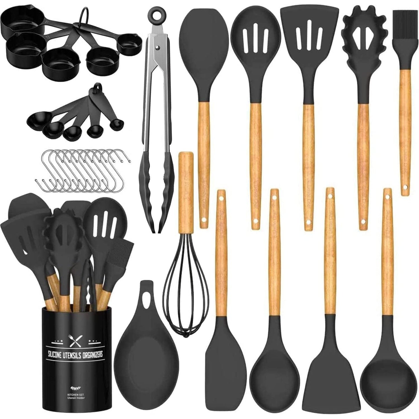 252654 - Umiten Set Enësh Kuzhine prej Silikoni me 24 Pjesë, Enë Kuzhine me Mbajtëse, Jo-ngjitës, Rezistente ndaj Nxehtësisë, i Shëndetshëm dhe i Sigurt për Lavatriçe - E Zezë