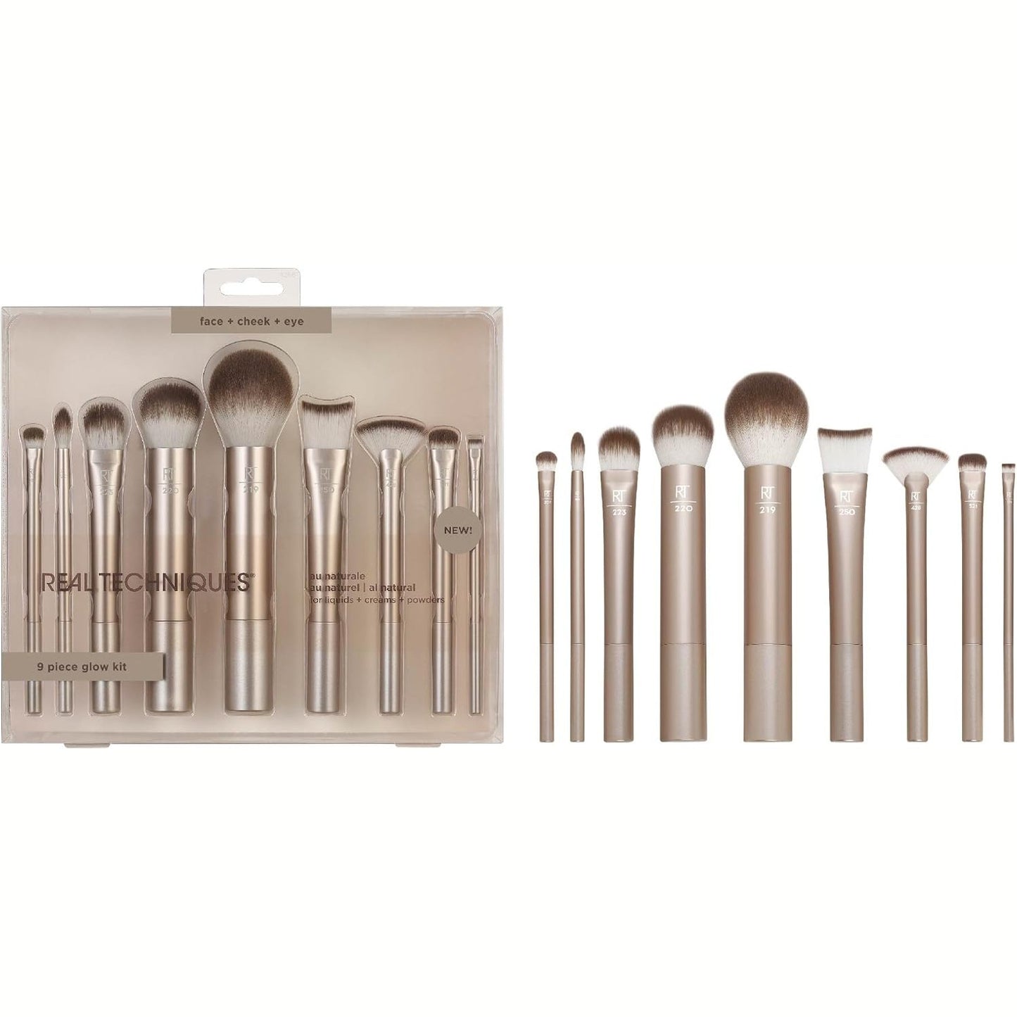 289917 - TEKNIKAT REAL - Set Furçash Grimi Au Naturale - 9 Furça për Aplikimin e Pudrave, Lëngjeve dhe Kremave - Madhësi e Madhe - I përshtatshëm për Konturin e Fytyrës dhe Syve