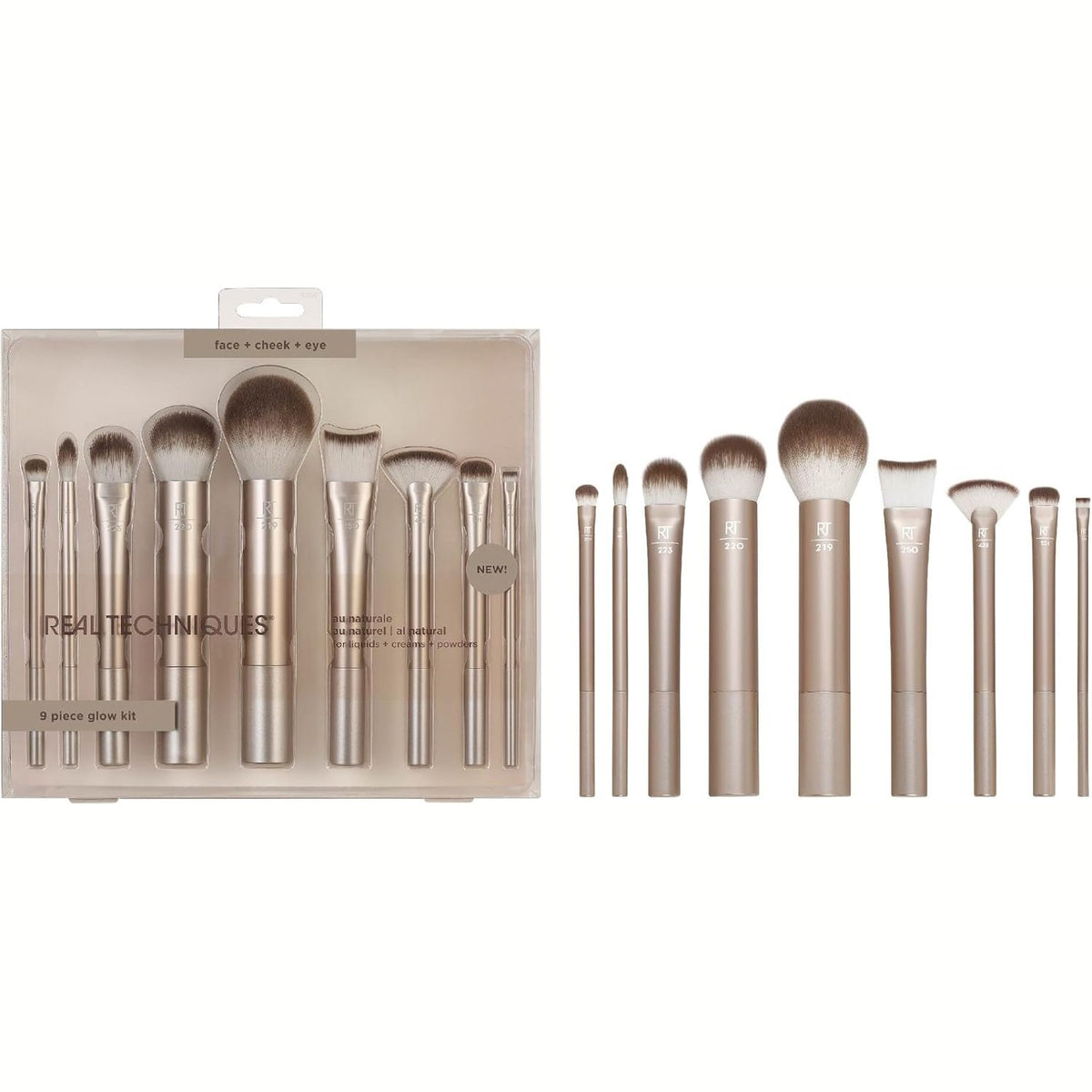 296965 - TEKNIKAT REAL - Set Furçash Grimi Au Naturale - 9 Furça për Aplikimin e Pudrave, Lëngjeve dhe Kremave - Madhësi e Madhe - I përshtatshëm për Konturin e Fytyrës dhe Syve