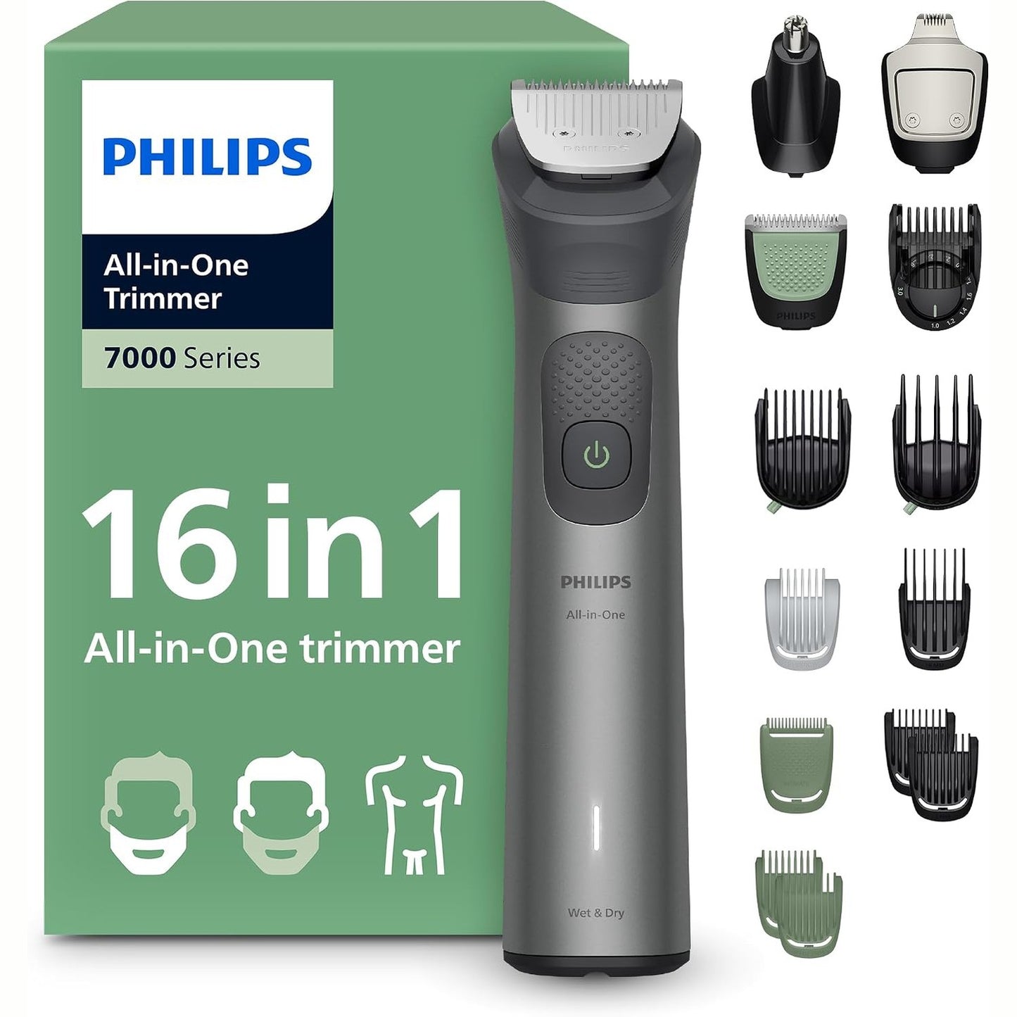 315595 - PHILIPS Makinë prerëse flokësh dhe mjekre Multigroom Series 7000 MG7931/15, 16 pjesë, tehe metalike vetëmprehëse, 21 cilësime gjatësie (0.5-16 mm)