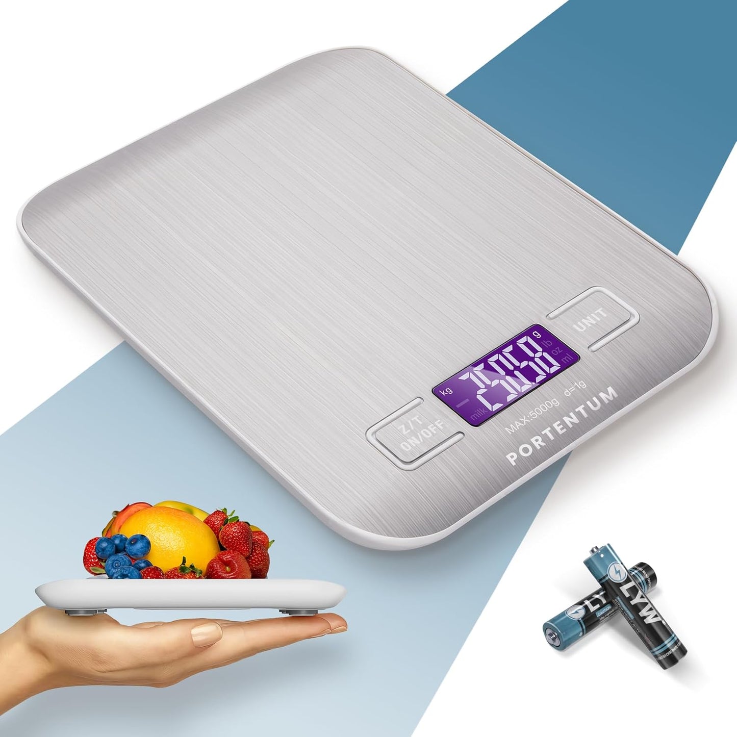 253981 - PORTENTUM Peshore Dixhitale Kuzhine 5 kg me ekran LCD, platformë çeliku inox, saktësi deri në 1 g, funksion tarife, argjend