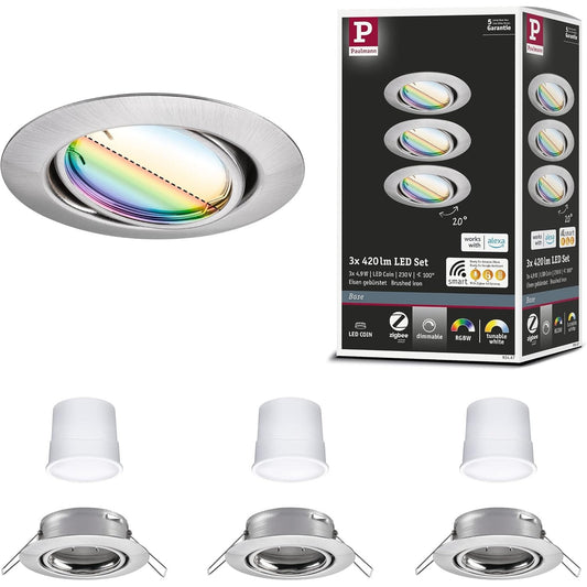 239399 - PAULMANN 92467 Bazë Drite LED e Fundesuar për Shtëpi Inteligjente Zigbee, Rrotulluese 230V 3x4.9W 3x420lm, Errësim 90mm, Hekur i Lëmuar Metal RGBW+