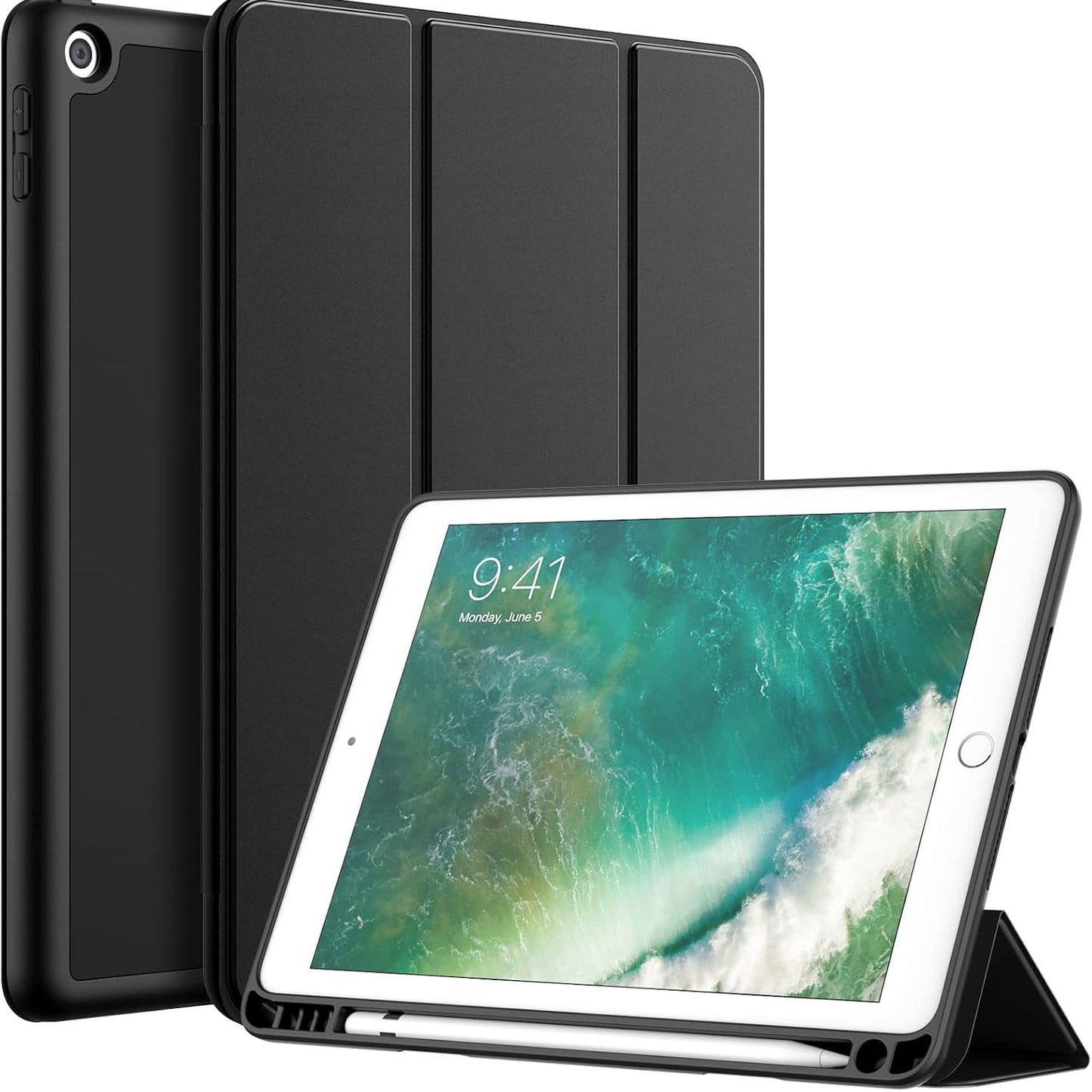 269048 - MBËSHTJELLËS JETECH për iPad 9.7 inç (gjenerata e 6-të/5-të, 2018/2017), me mbajtëse stilolapsi, TPU të butë, Zgjim/Gjumi automatik, e zezë