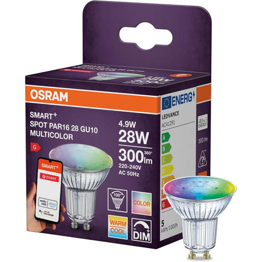 197063 - OSRAM Reflektor SMART LED Spot PAR16 GU10, 4.9W, ZigBee 3.0, RGBW me 16 Milion Ngjyra, i Errësueshëm, Kontrollues me Aplikacion, Përkrah Alexa