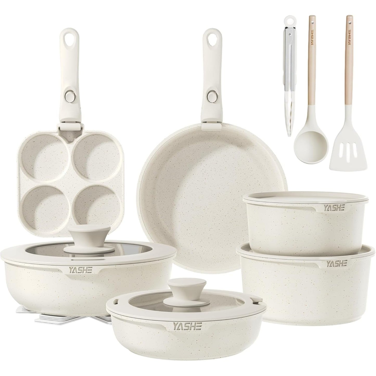 177051 - YASHE - Set tenxheresh dhe tiganësh 20 pjesë, me doreza të lëvizshme, veshje jo ngjitëse, i pajtueshëm me induksion, rezistent ndaj nxehtësisë deri në 230 °C, i sigurt për lavastovilje, gri