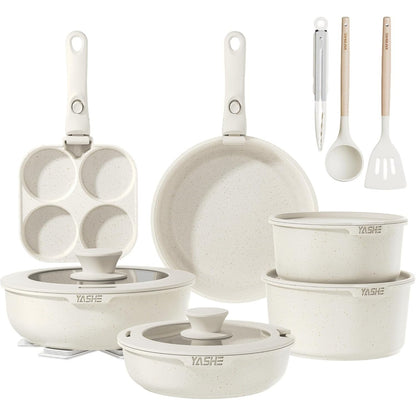 177051 - YASHE - Set tenxheresh dhe tiganësh 20 pjesë, me doreza të lëvizshme, veshje jo ngjitëse, i pajtueshëm me induksion, rezistent ndaj nxehtësisë deri në 230 °C, i sigurt për lavastovilje, gri